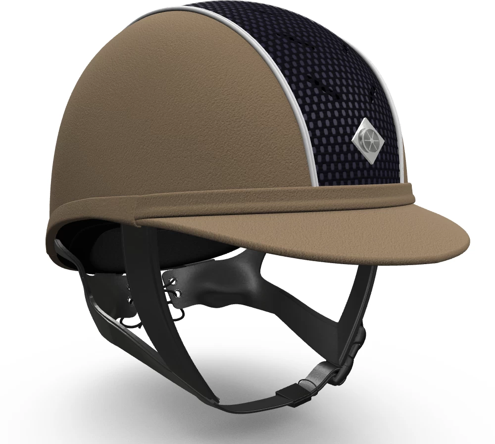 Charles Owen Ayr8 Riding Hat With Piping Tan With Navy & White Piping 1 Charles Owen Ayr8 Riding Hat With Piping Tan With Navy & White Piping